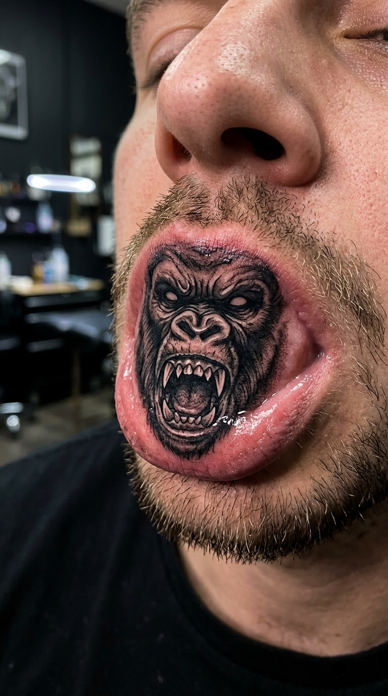Gorilla als unheimliches Horror Tattoo auf der Unterlippe