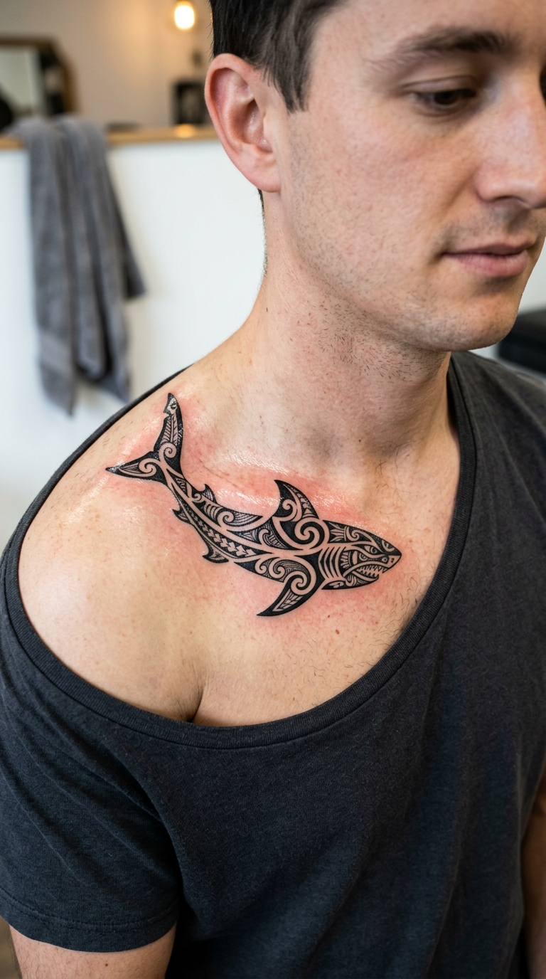 Hai als Maori Tattoo Idee für das Schlüsselbein