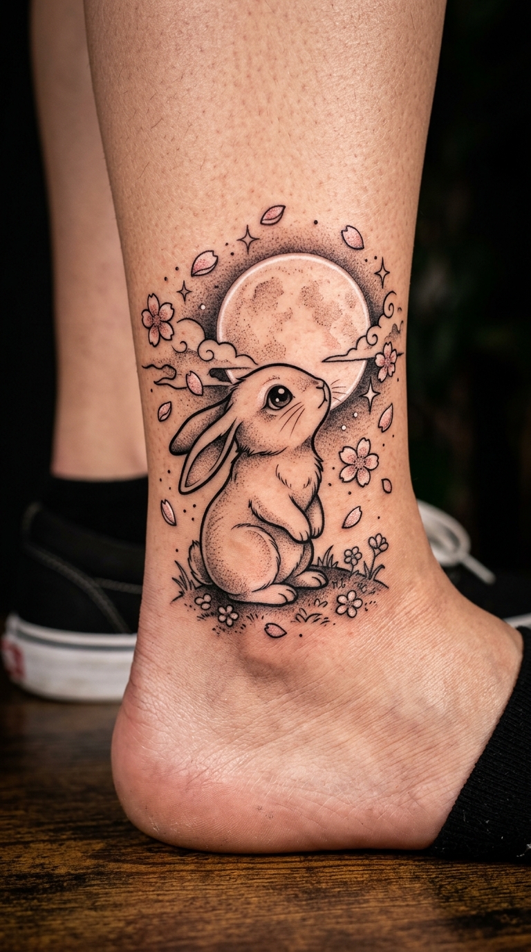 Hase im Mondschein als Anime Tattoo für den Knöchel