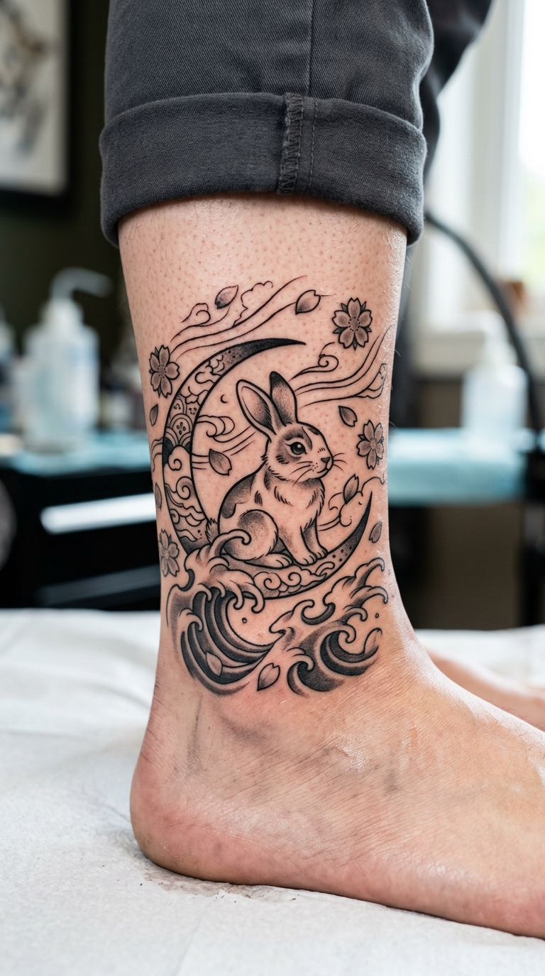 Hase im Mondschein Tattoo Idee für den Knöchel