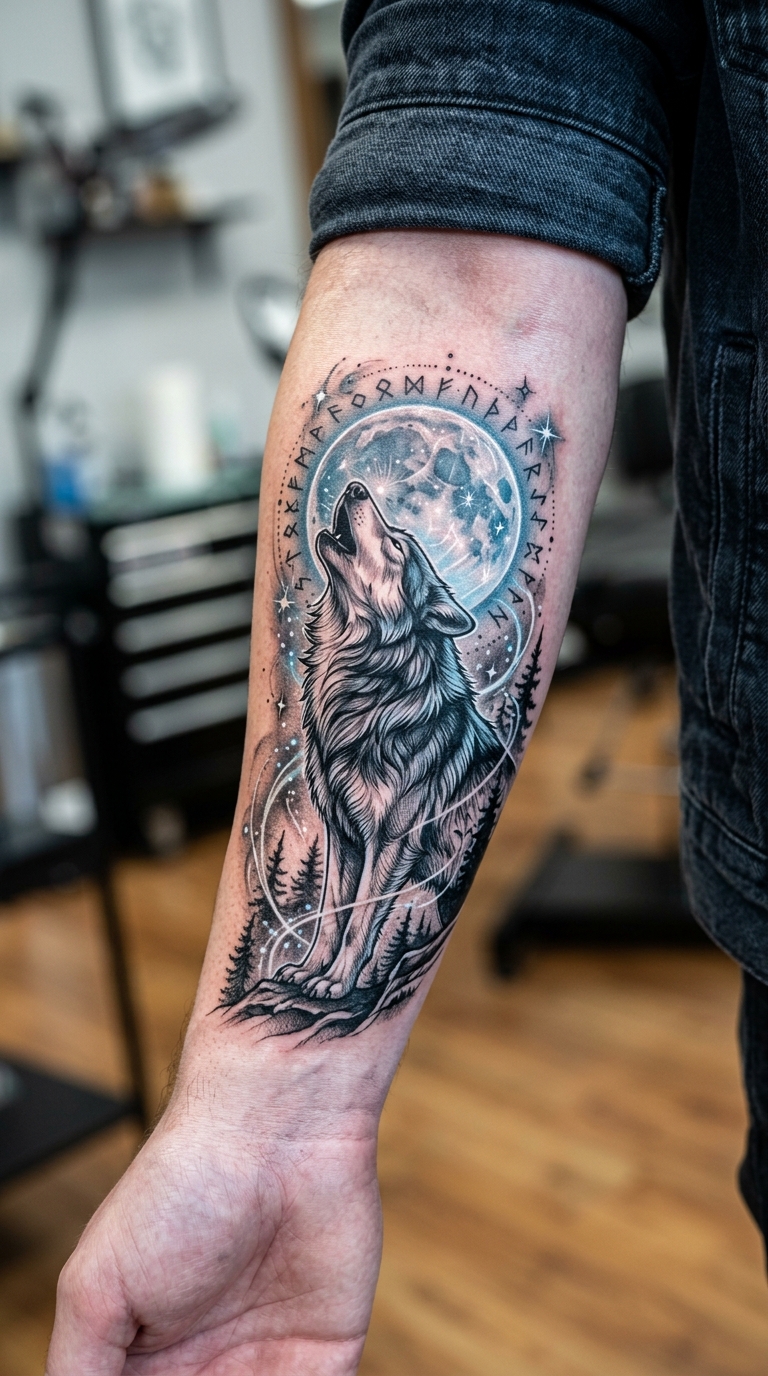 Heulender Silberwolf als mystisches Fantasy Tattoo für den Unterarm