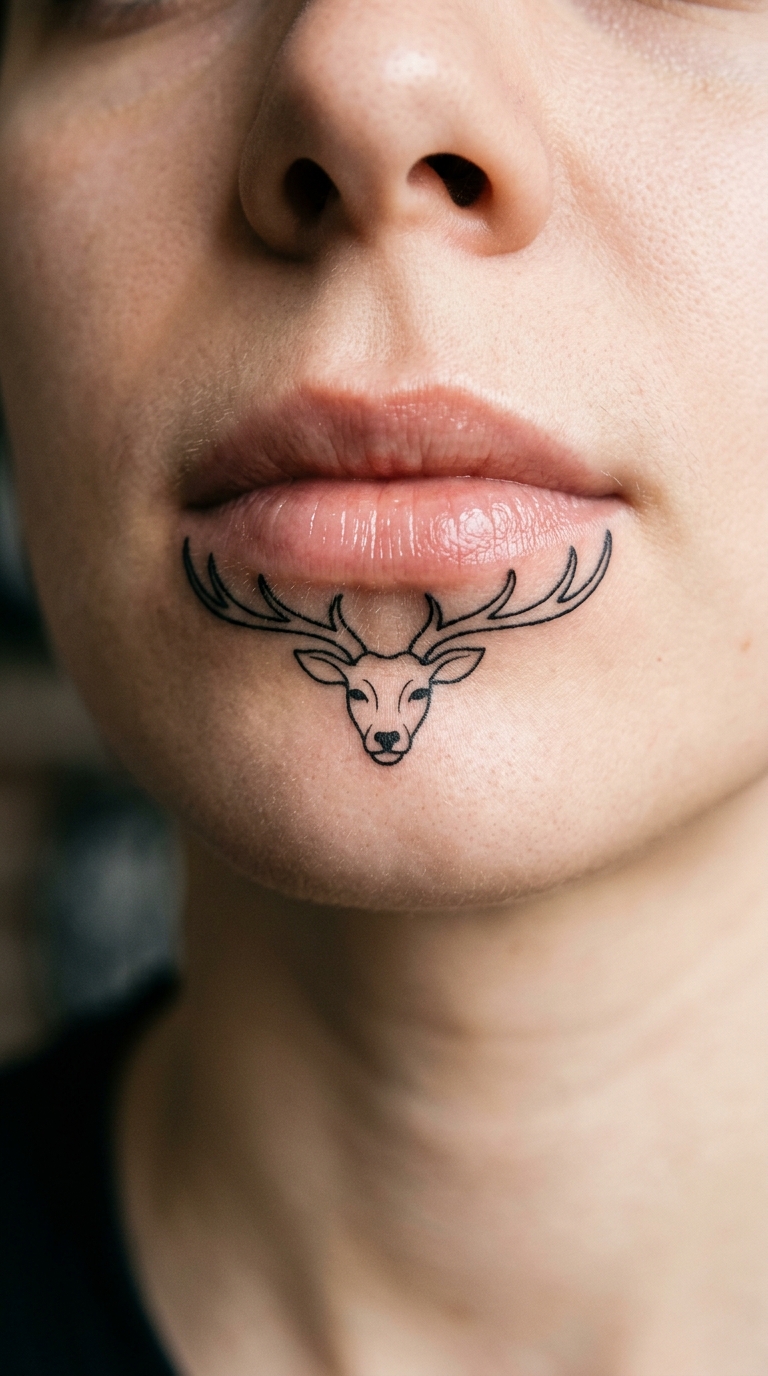 Hirsch mit Geweih als Fineline Tattoo für die Unterlippe