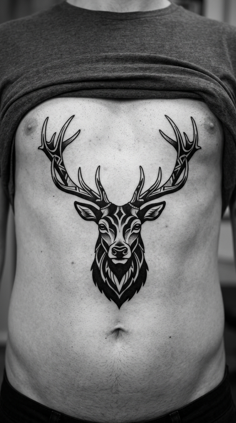 Hirsch mit großem Geweih als Blackwork Tattoo Idee für den Bauch