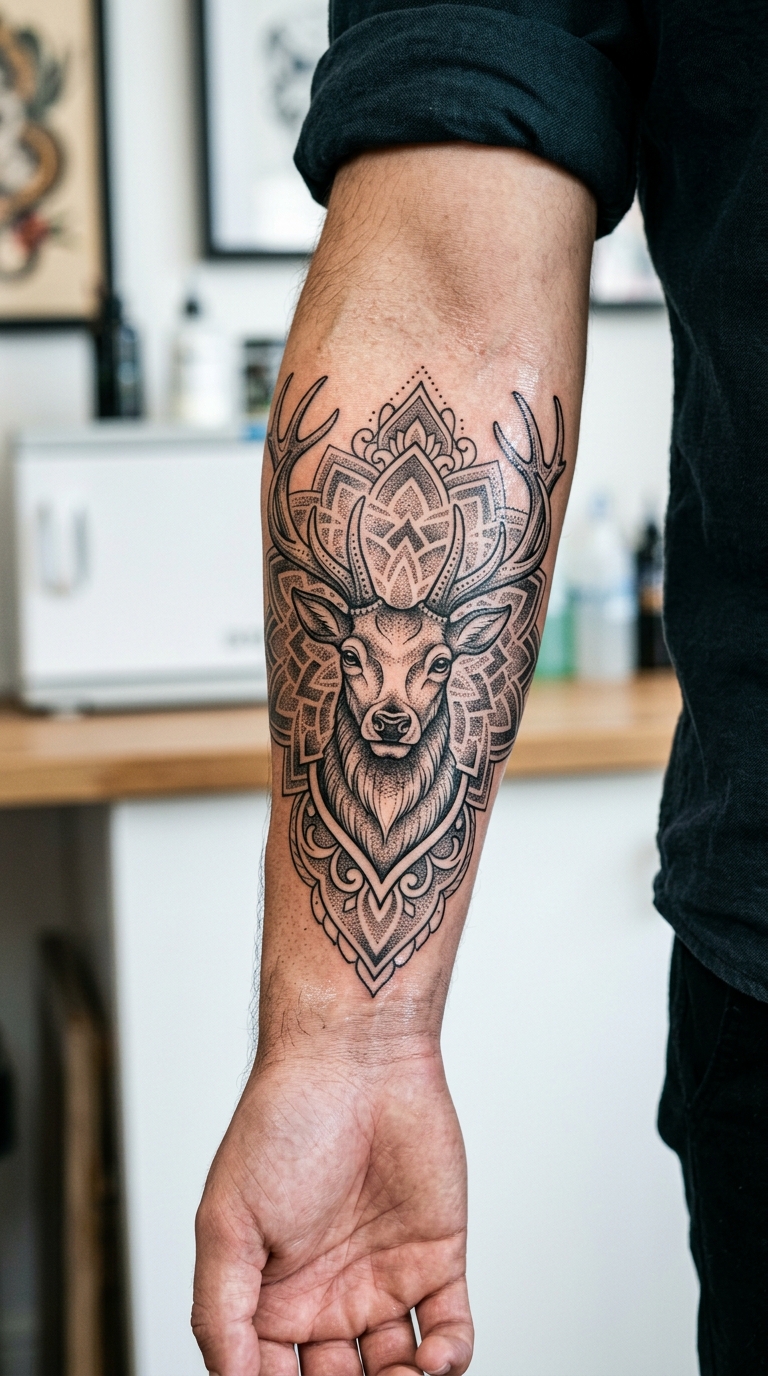 Hirsch mit großem Geweih als Mandala Tattoo auf dem Unterarm