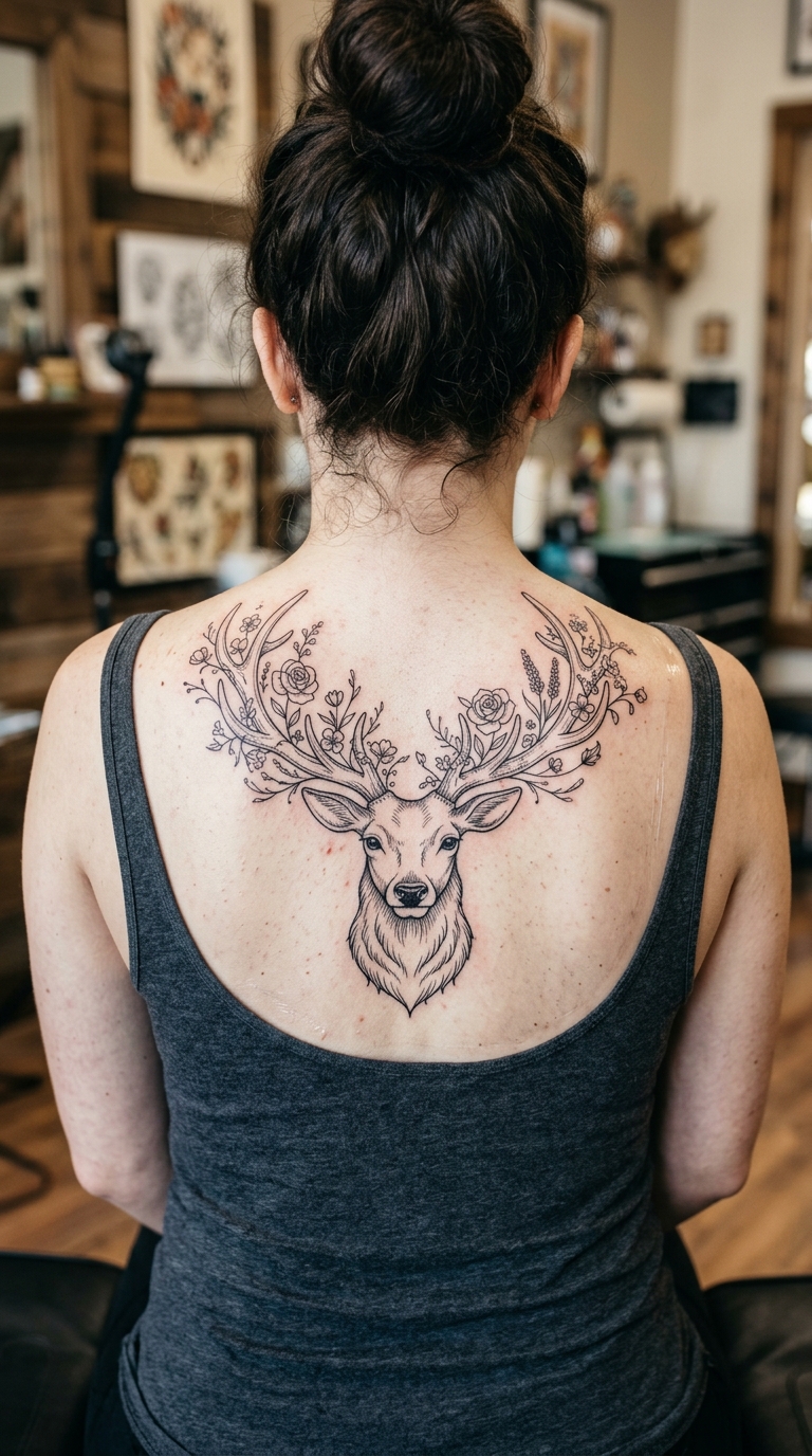Hirschkopf mit Blumen als Fineline Tattoo für den Rücken