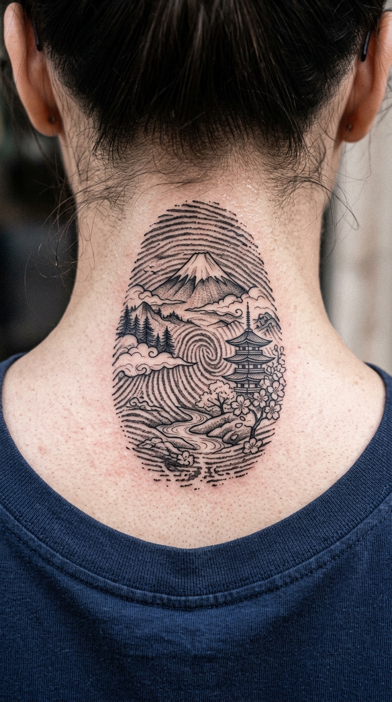 Japanisch inspiriertes Fingerabdruck Tattoo mit Gebirgslandschaft für den Nacken