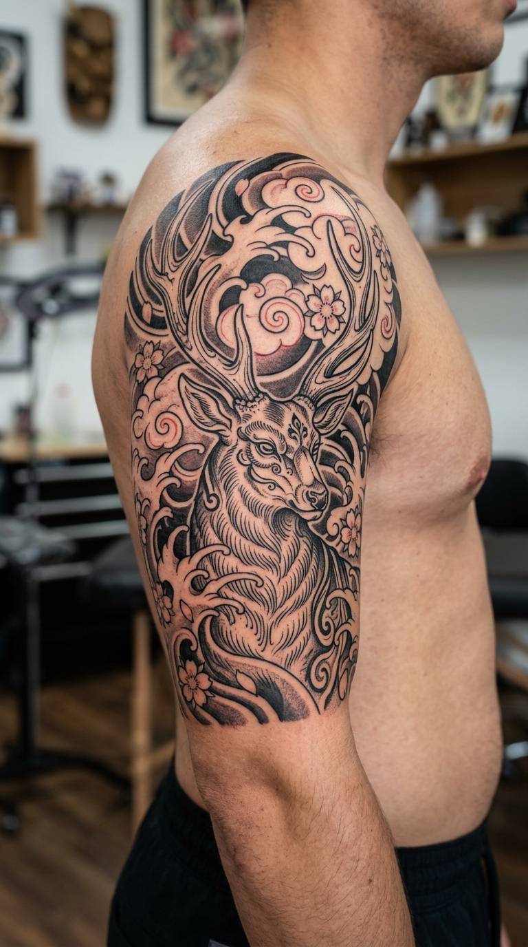 Japanisch Tattoo mit Hirsch als Motiv für den Arm