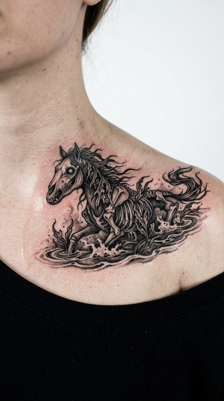 Kelpie als düsteres Horror Tattoo für das Schlüsselbein