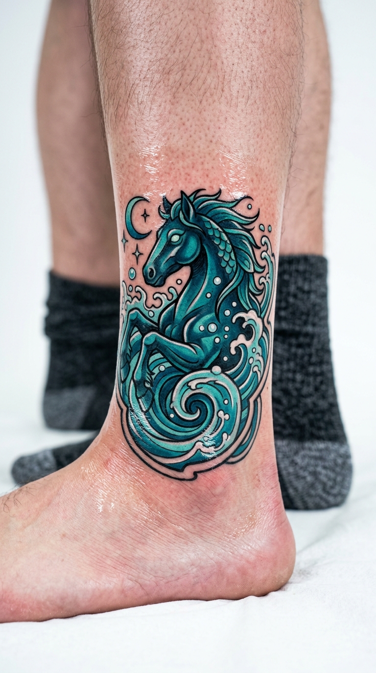 Kelpie im Wasser als Comic Tattoo für den Knöchel