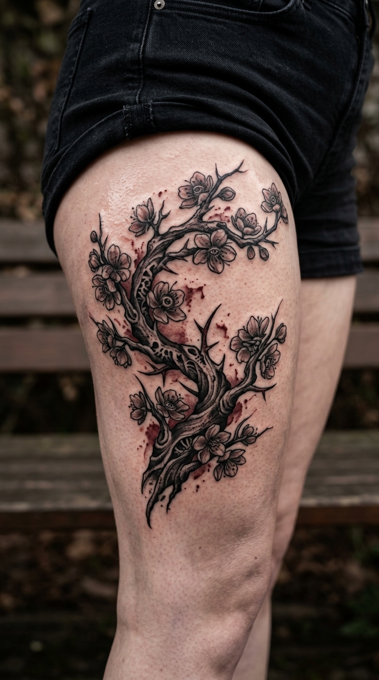 Kirschblütenzweig als unheimliches Horror Tattoo für den Oberschenkel