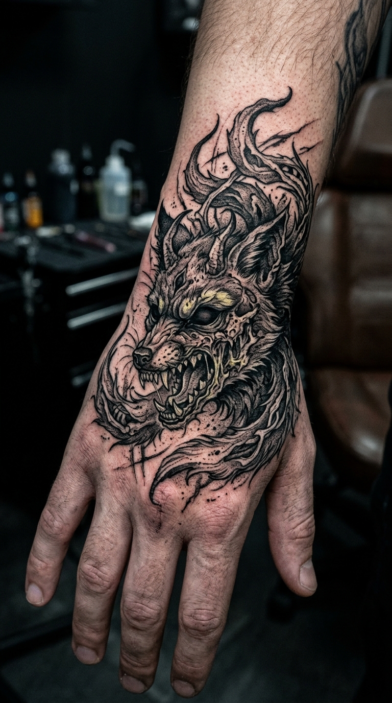 Kitsune Fuchs als Horror Tattoo Idee für die Hand