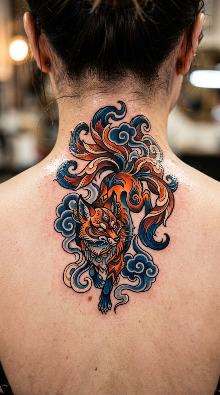 Kitsune Fuchs als Neo Traditional Tattoo für den Nacken