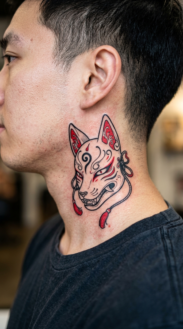 Kitsune Maske als Anime Tattoo für den Hals