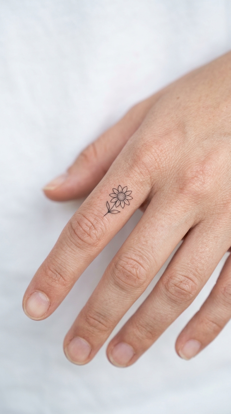 Kleine Sonnenblume als minimalistisches Tattoo für den Finger