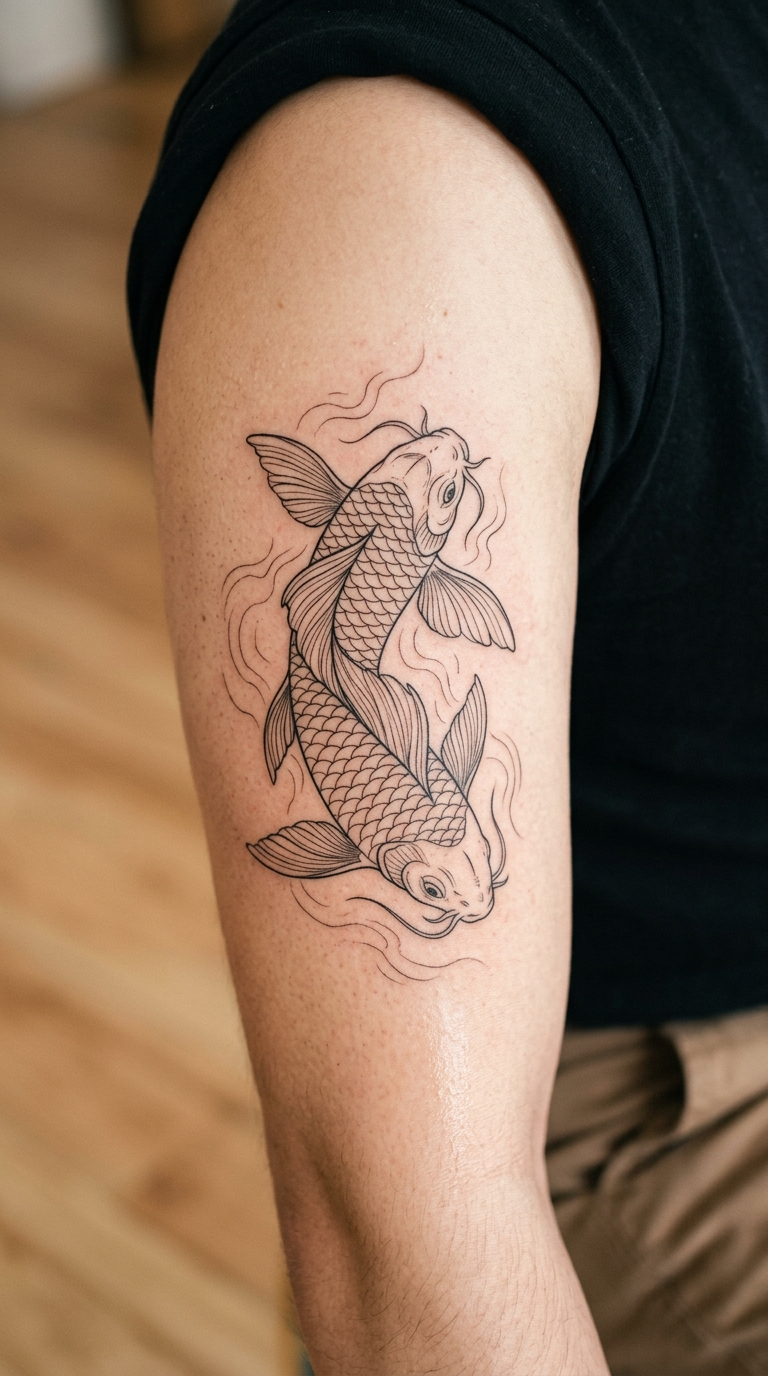 Koi Fisch als feines Fineline Tattoo auf dem Oberarm
