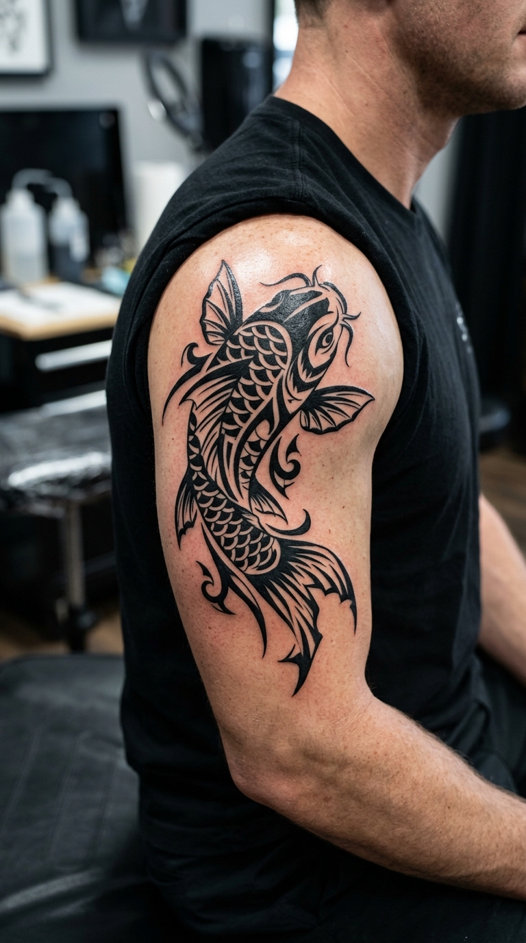 Koi Fisch als Tribal Tattoo für den Oberarm