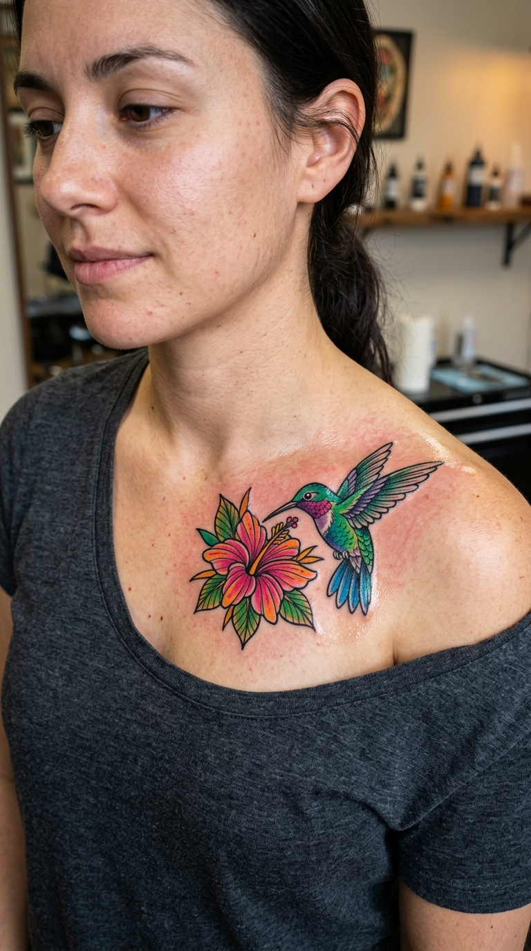Kolibri und Blüte als buntes Comic Tattoo für das Schlüsselbein