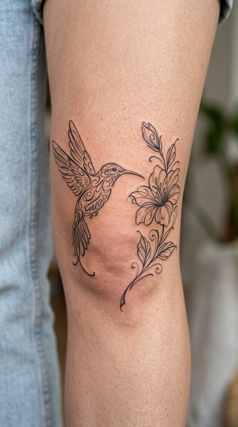 Kolibri und Blüte als geschriebenes Schrift Tattoo für die Kniekehle