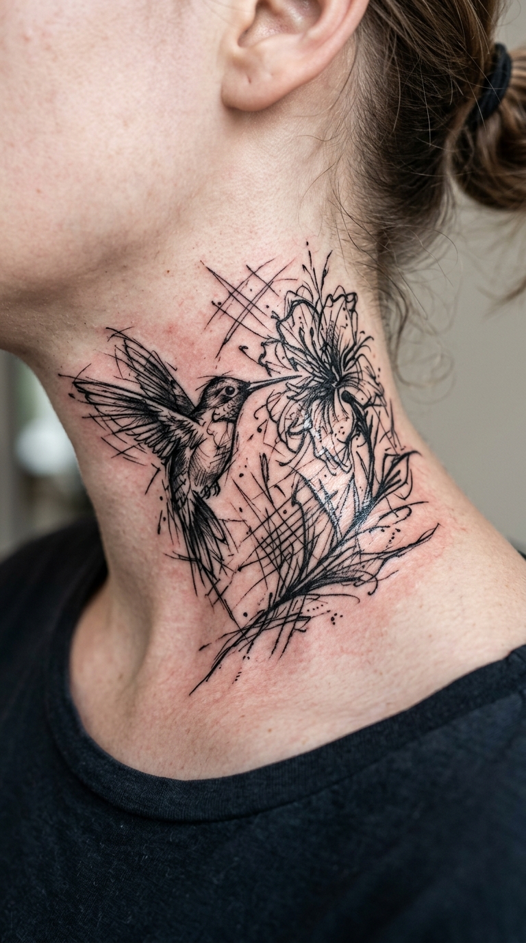 Kolibri und Blüte als kreuz und quer Tattoo auf dem Hals