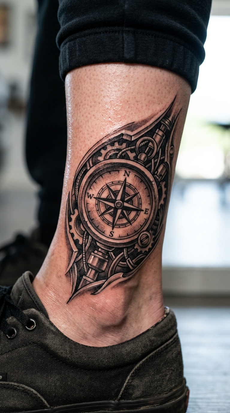Kompass mit Windrose als biomechanisches Tattoo für den Knöchel