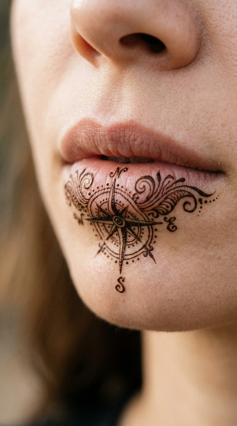 Kompass mit Windrose als Henna Tattoo Idee für die Unterlippe