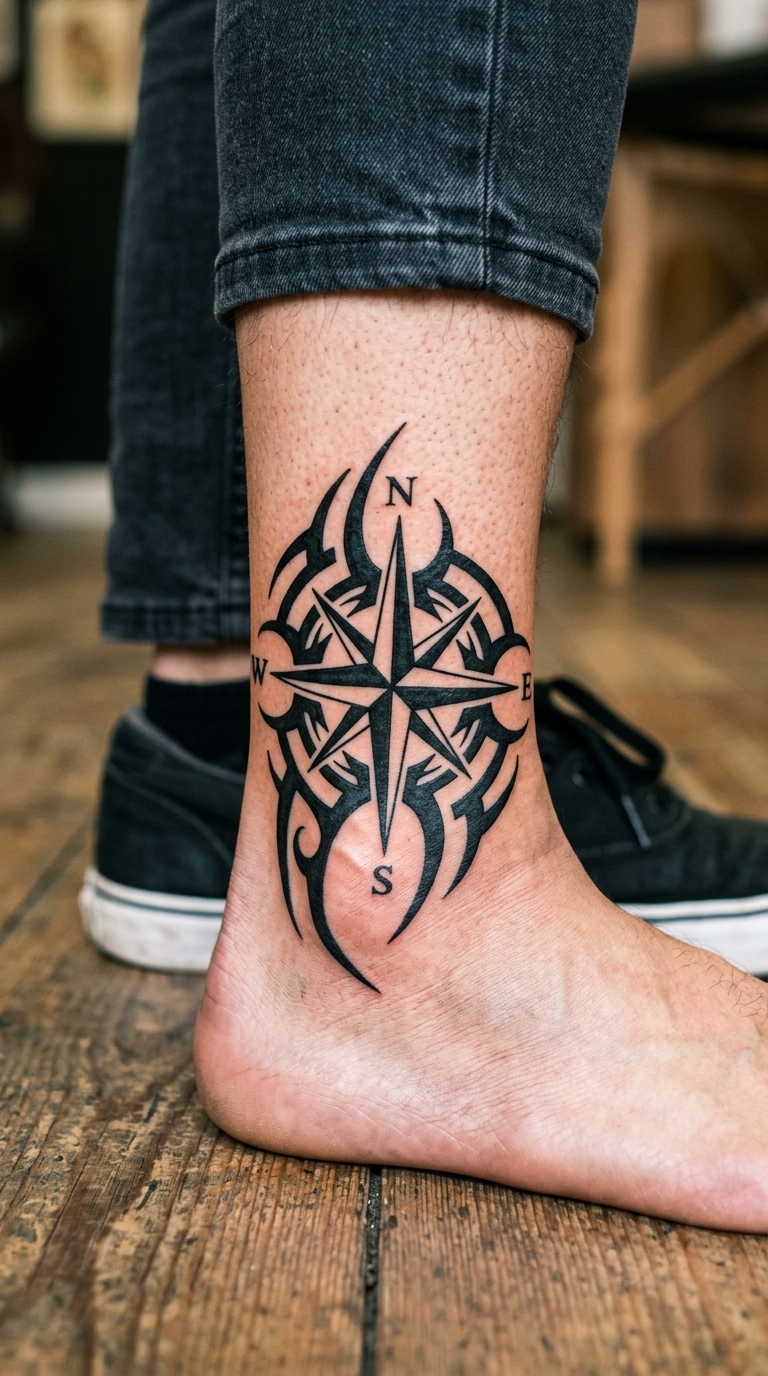 Kompass mit Windrose als Tribal Tattoo Idee für den Knöchel