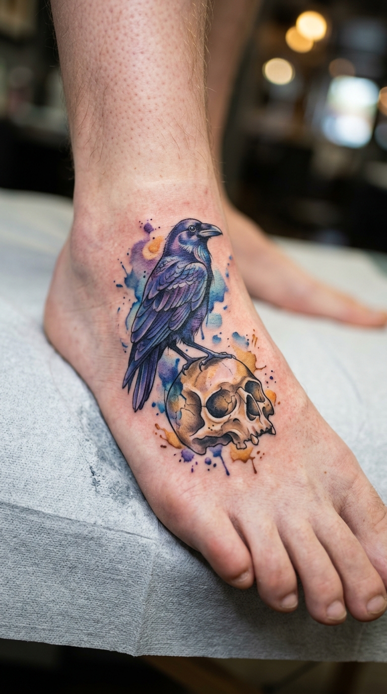 Krähe auf Schädel als Aquarell Tattoo für den Fuß