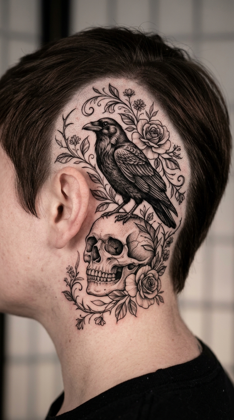 Krähe auf Schädel als florales Tattoo für den Kopf