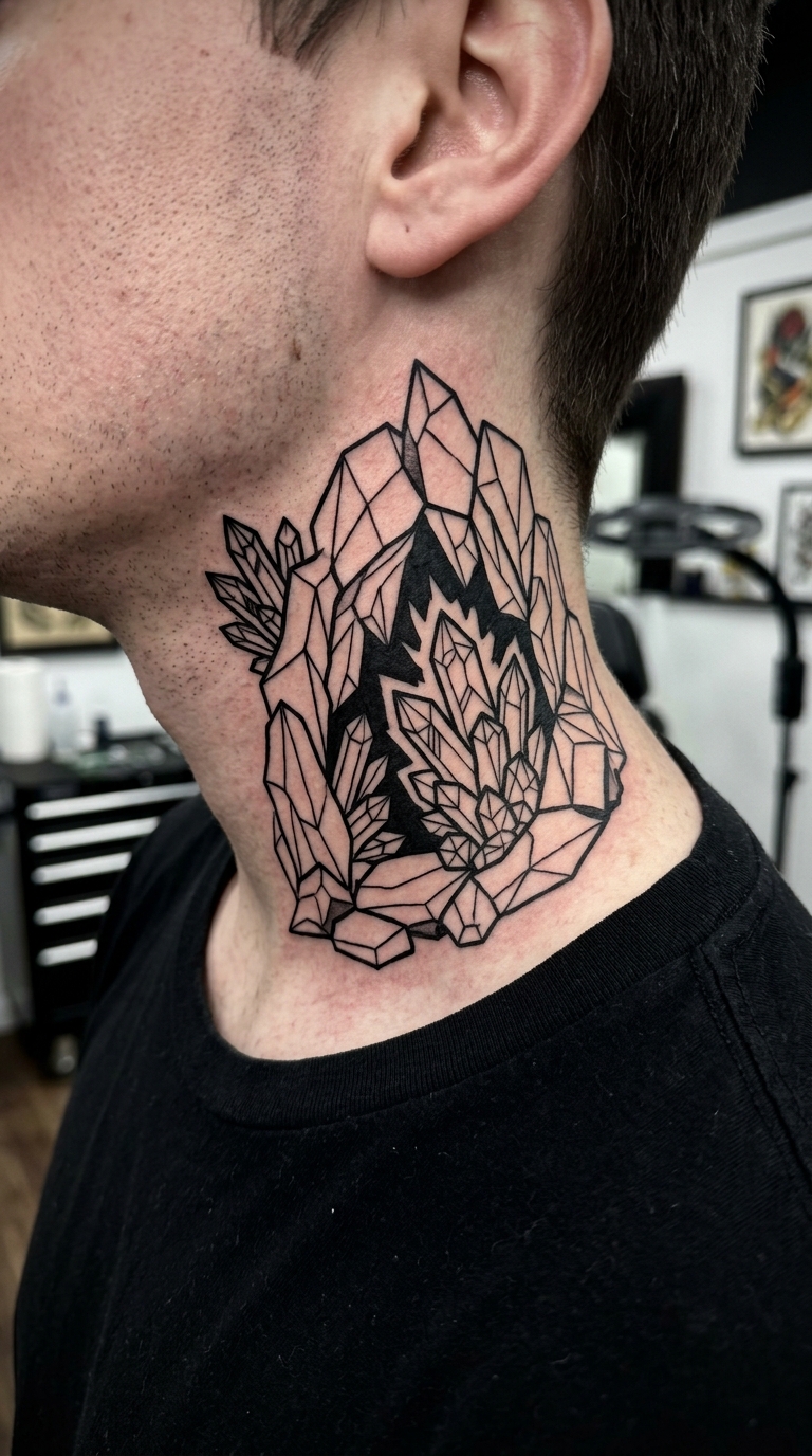 Kristallhöhle als Blackwork Tattoo für den Nacken