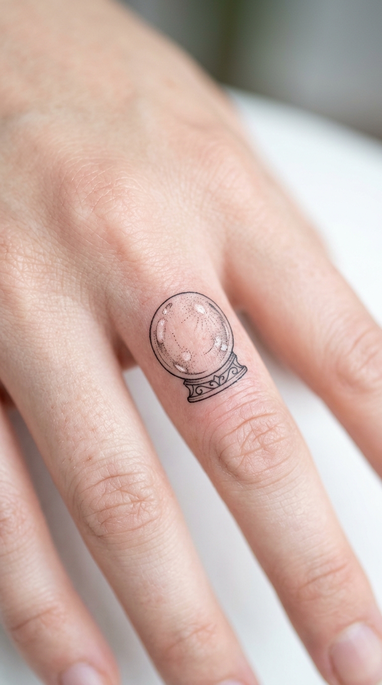 Kristallkugel als feines Fineline Tattoo für den Finger