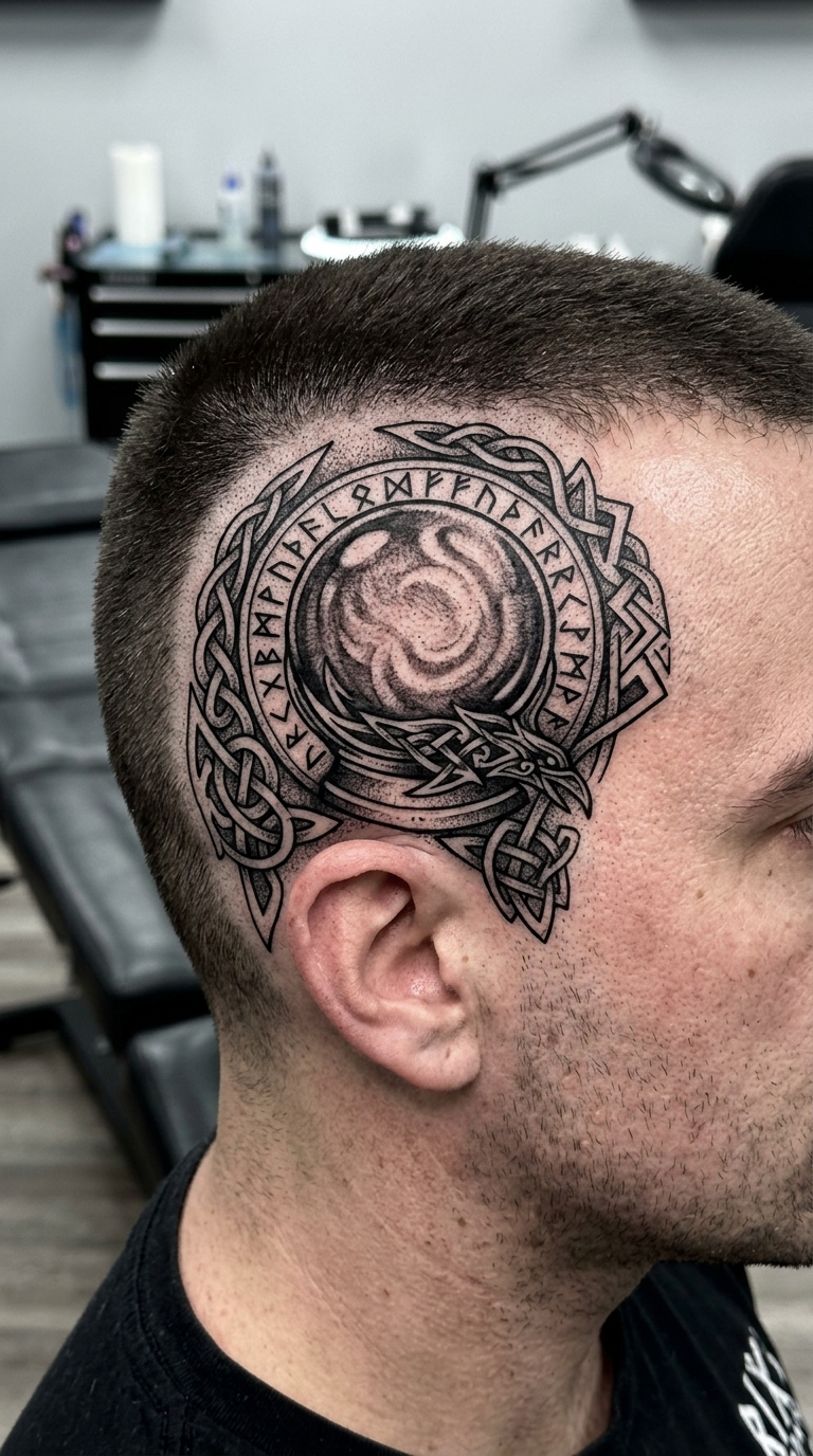 Kristallkugel mit Runen als Wikinger und Celtic Tattoo für den Kopf
