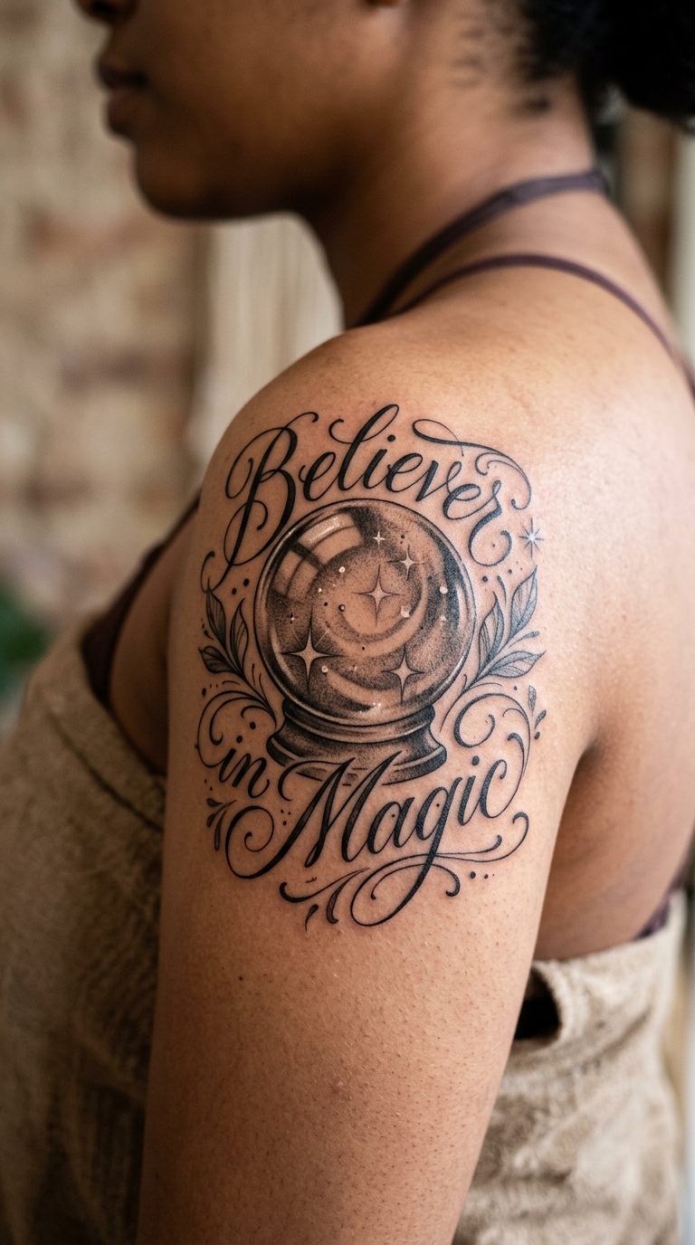 Kristallkugel Tattoo Idee mit feinem Schriftzug für die Schulter