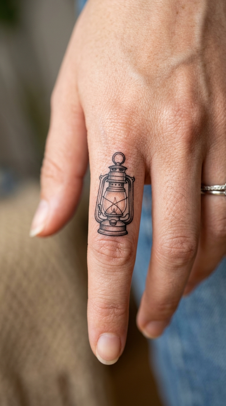 Laterne als feines Fineline Tattoo für den Finger