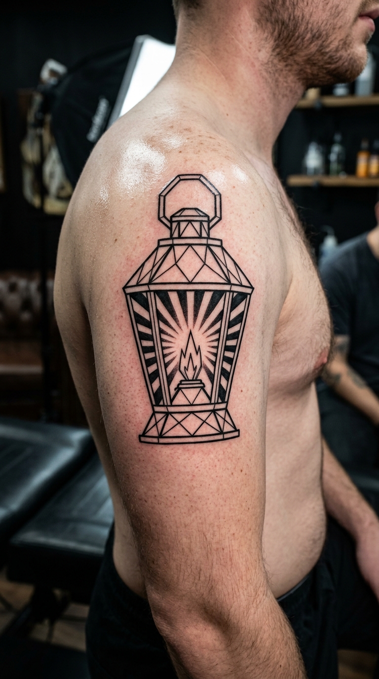 Laterne im Dunkeln als geometrisches Tattoo für die Schulter