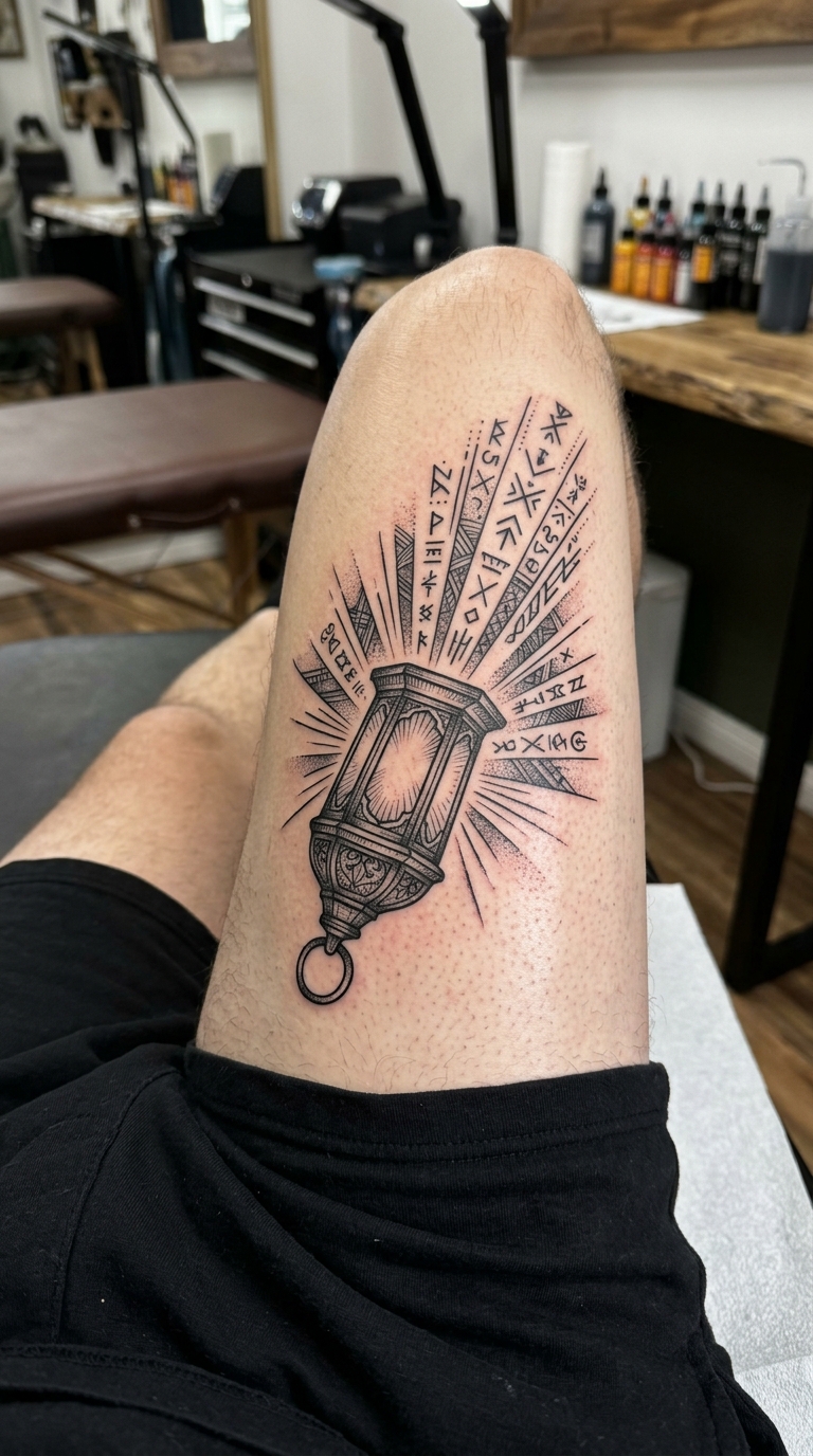 Laterne im Dunkeln als grafisches Zeichen Tattoo für den Oberschenkel