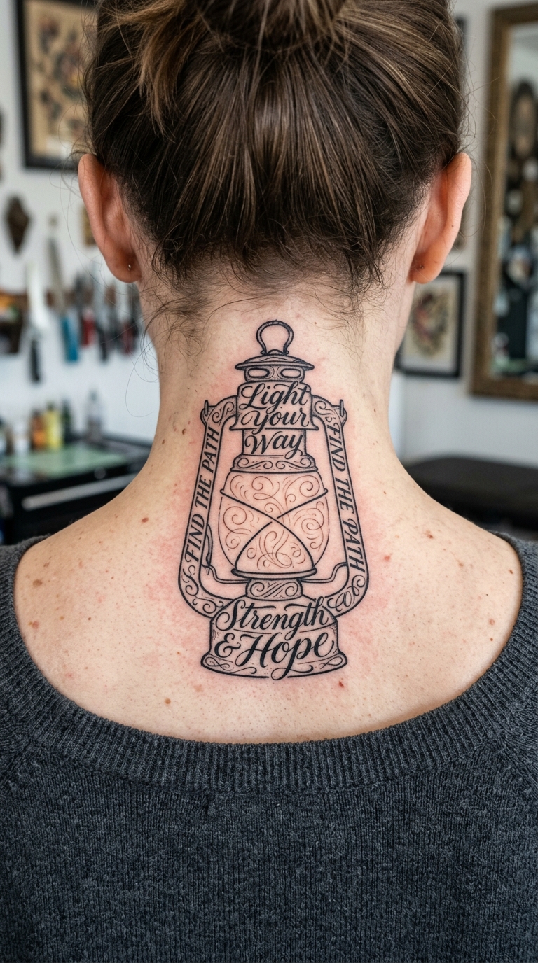 Laterne im Dunkeln als Schrift Tattoo Idee für den Nacken