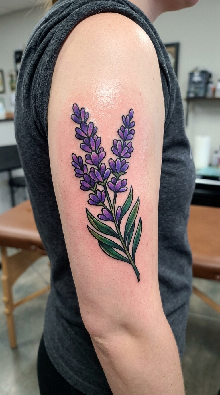 Lavendel als bunte Oldschool und Newschool Tattoo Idee für den Oberarm