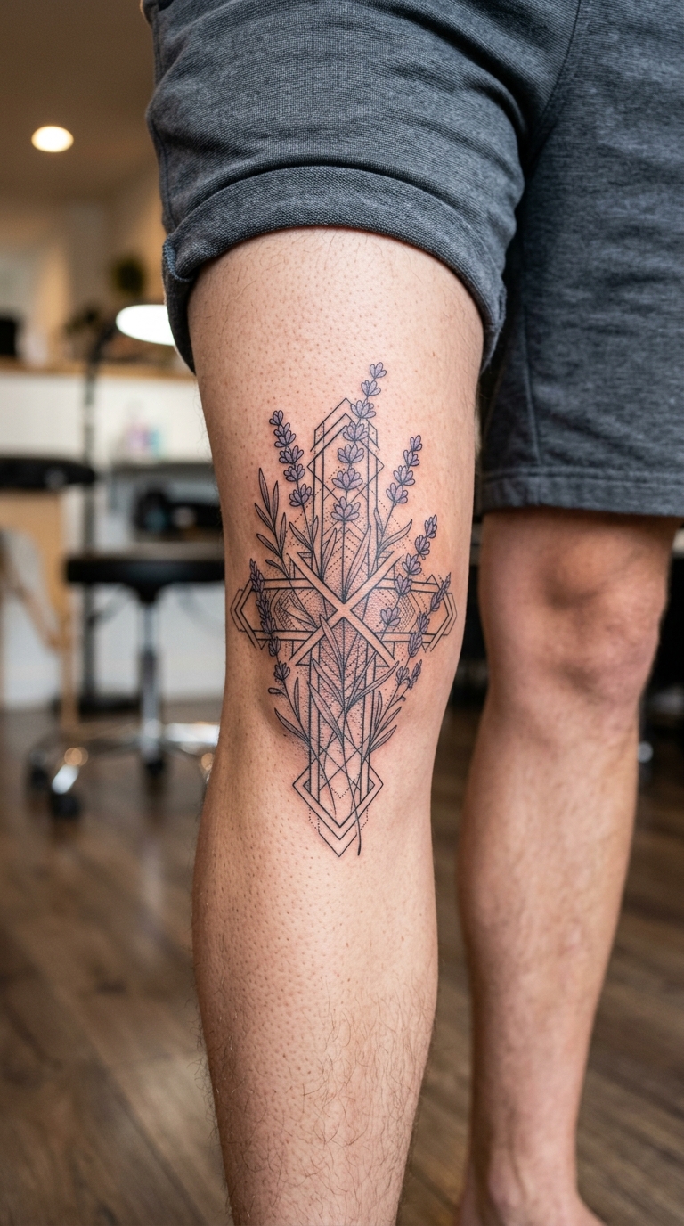 Lavendel als kreuz und quer Tattoo für die Kniekehle