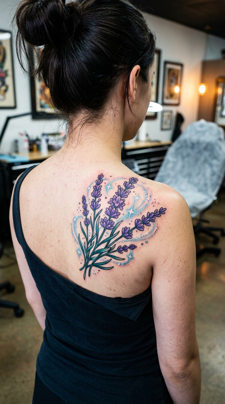 Lavendel als verträumtes Anime Tattoo für den Rücken