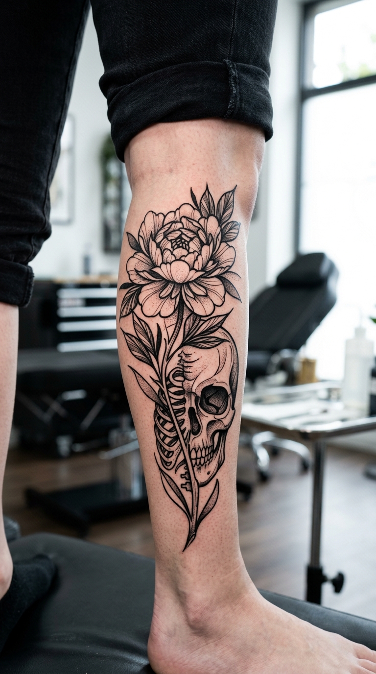 Leben und Tod als Blackwork Tattoo auf dem Bein