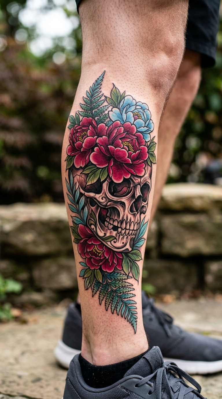 Leben und Tod als Neo Traditional Tattoo für das Bein