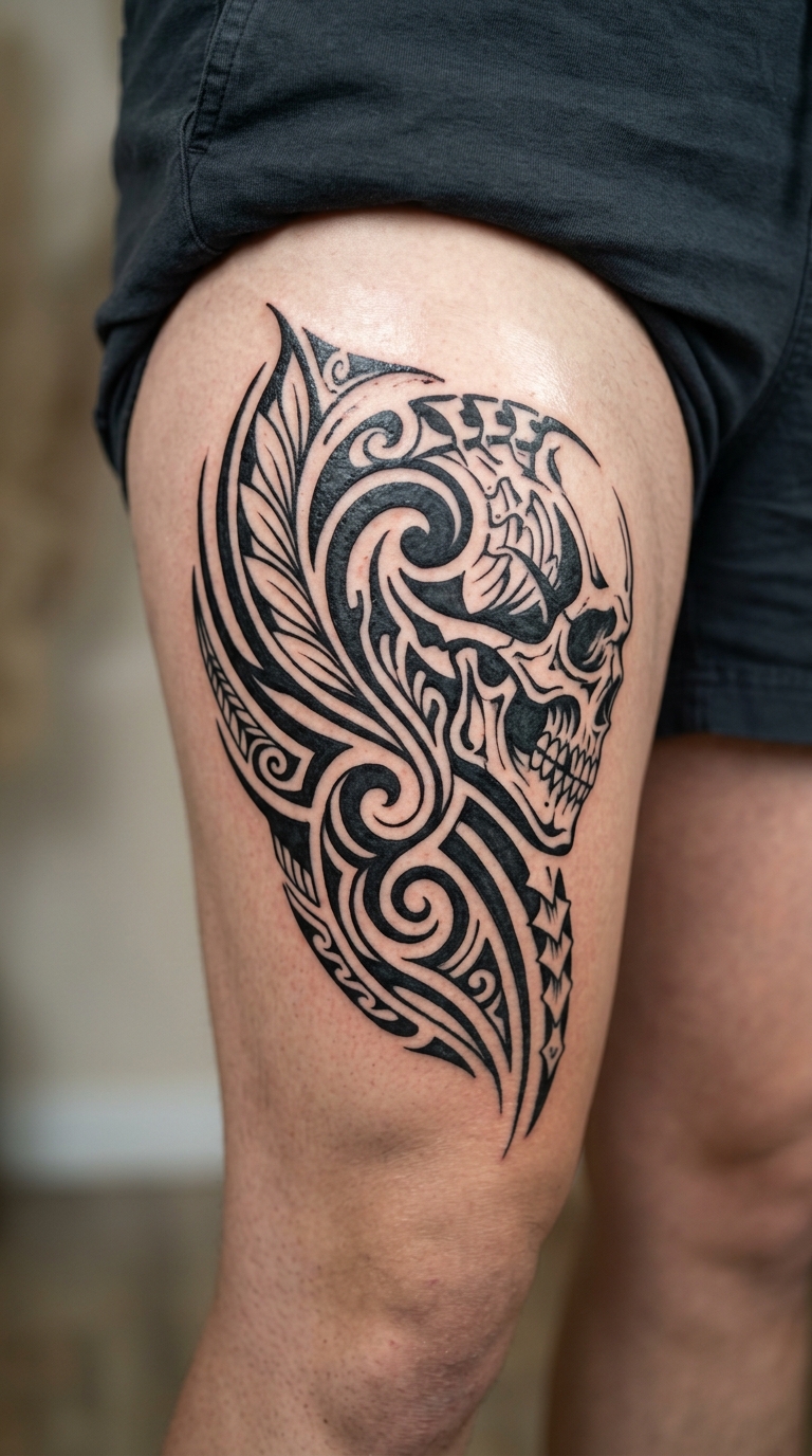 Leben und Tod Tribal Tattoo auf dem Oberschenkel