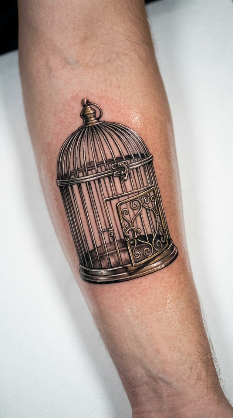 Leerer Vogelkäfig als 3D Tattoo für den Unterarm