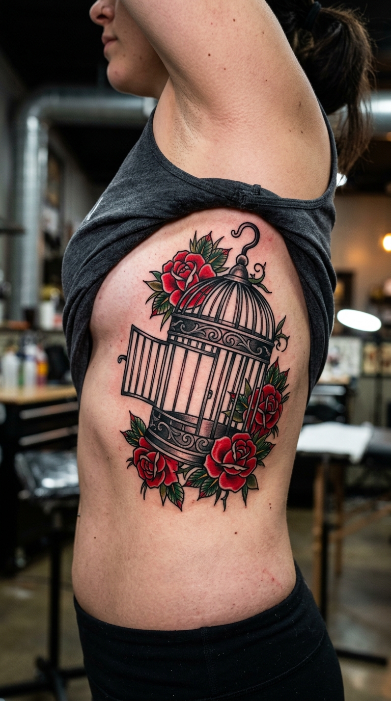 Leerer Vogelkäfig als Oldschool und Newschool Tattoo für die Rippen