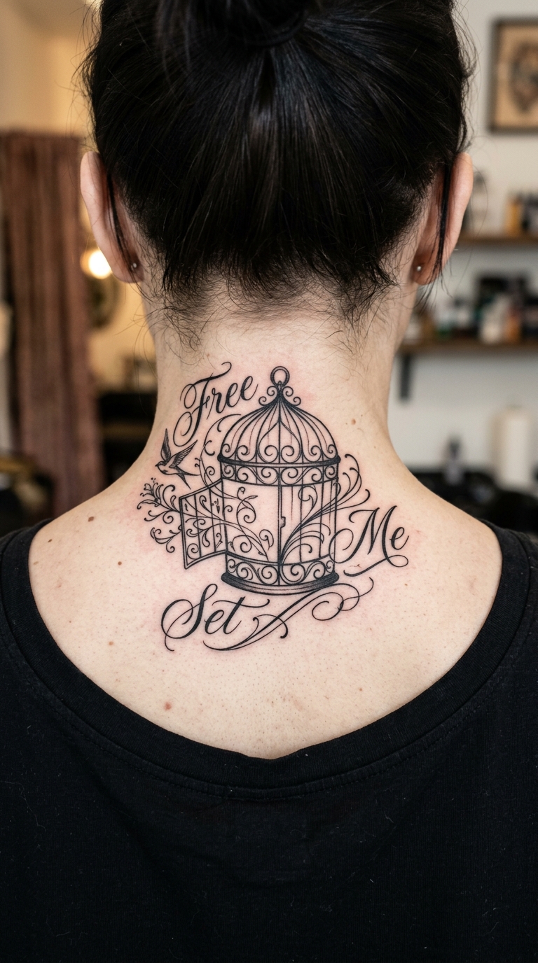 Leerer Vogelkäfig als Schrift Tattoo Idee für den Nacken