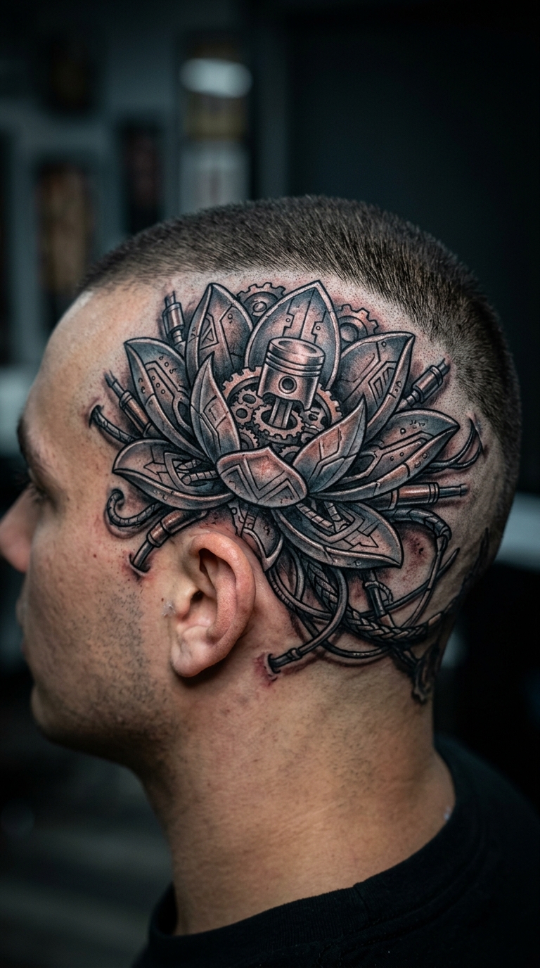 Lotusblüte als biomechanisches Tattoo für den Kopf