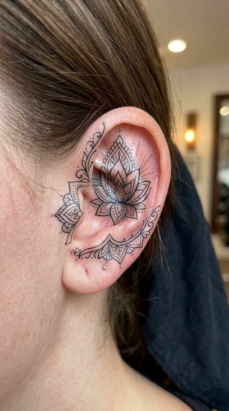 Lotusblüte als Mandala Tattoo für das Ohr
