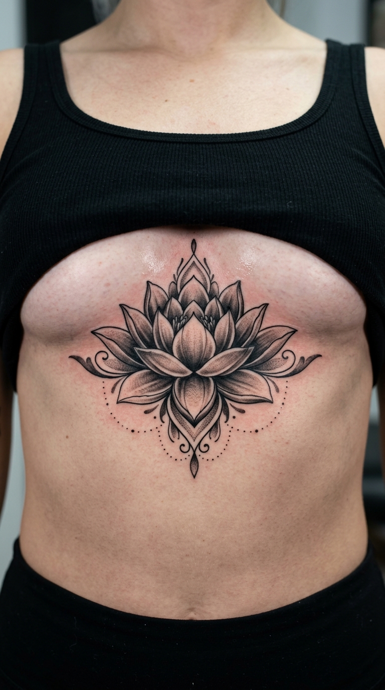 Lotusblüte als Realistic Tattoo für den Underboob