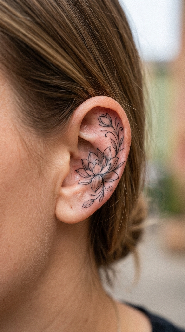 Lotusblüte Tattoo Idee für das Ohr