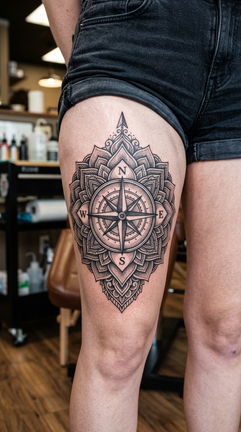 Mandala Tattoo mit integriertem Kompass für den Oberschenkel